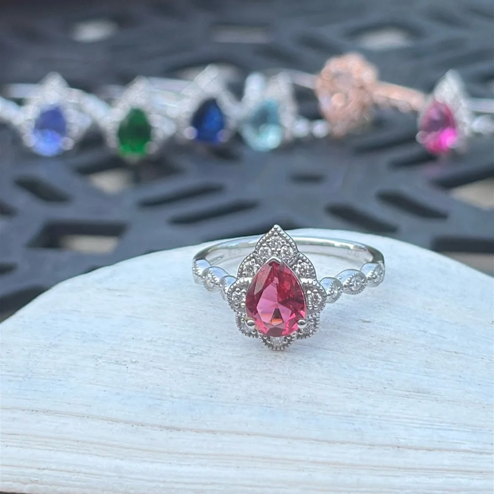 Pear Cut 1.25 tcw Genuine Ruby & Diamond Ring Sterling Silver Size 7 - Picture 7 of 14